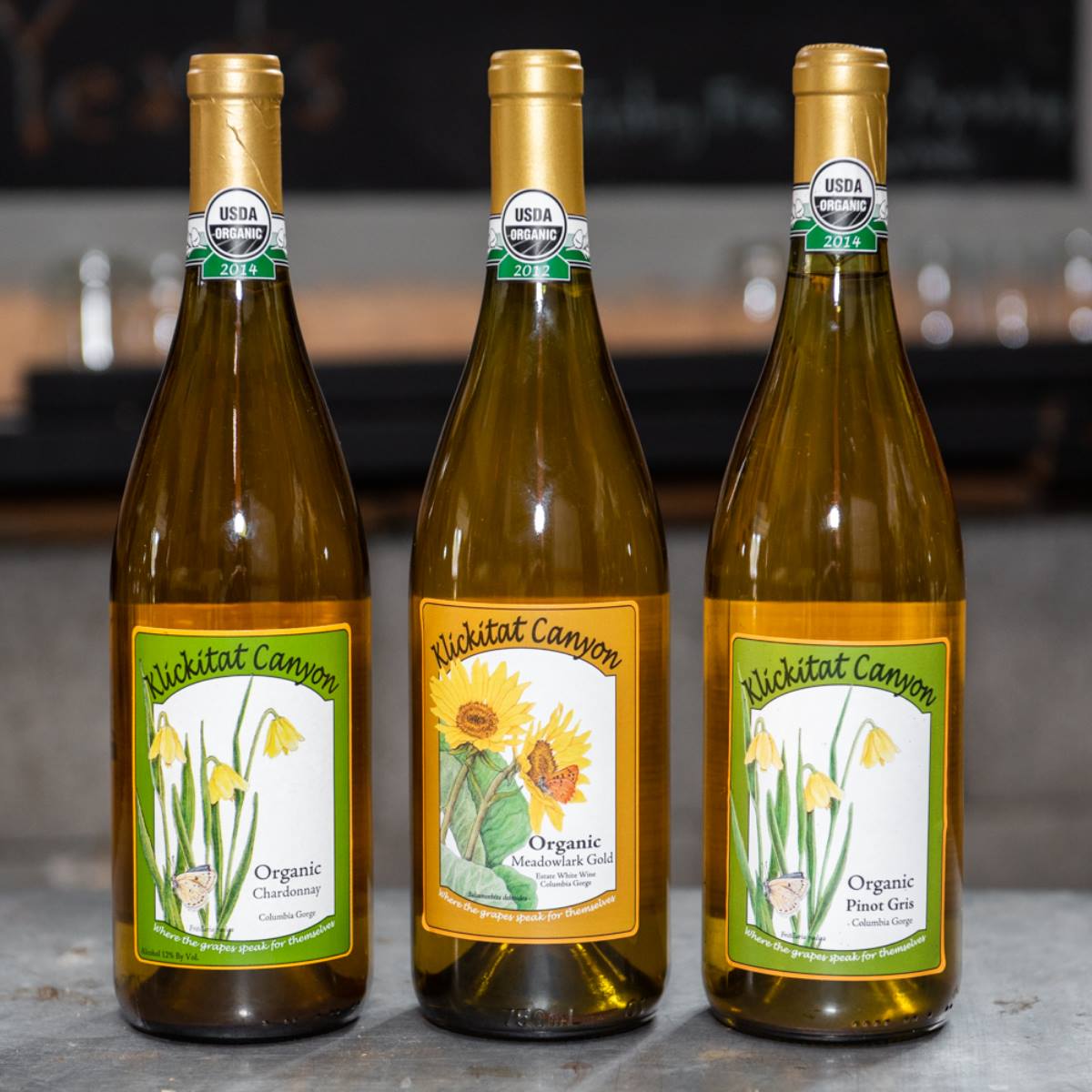 Organic Pinot Gris, Organic Meadowlark Gold, Organic Chardonnay