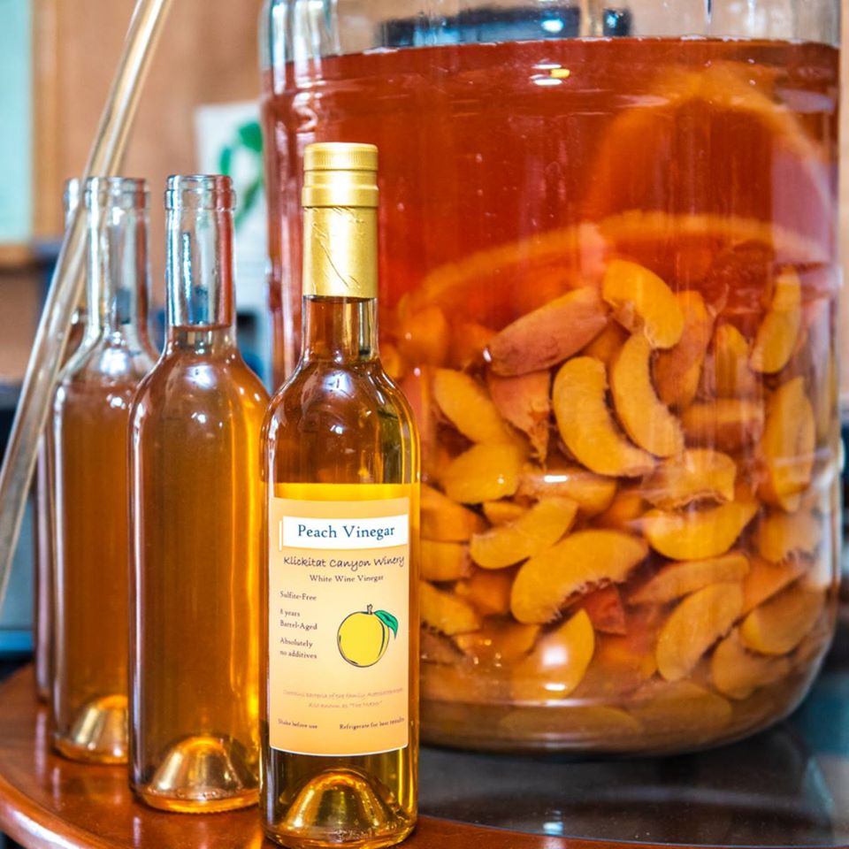 Organic Peach Vinegar with carboy of peaches and mother